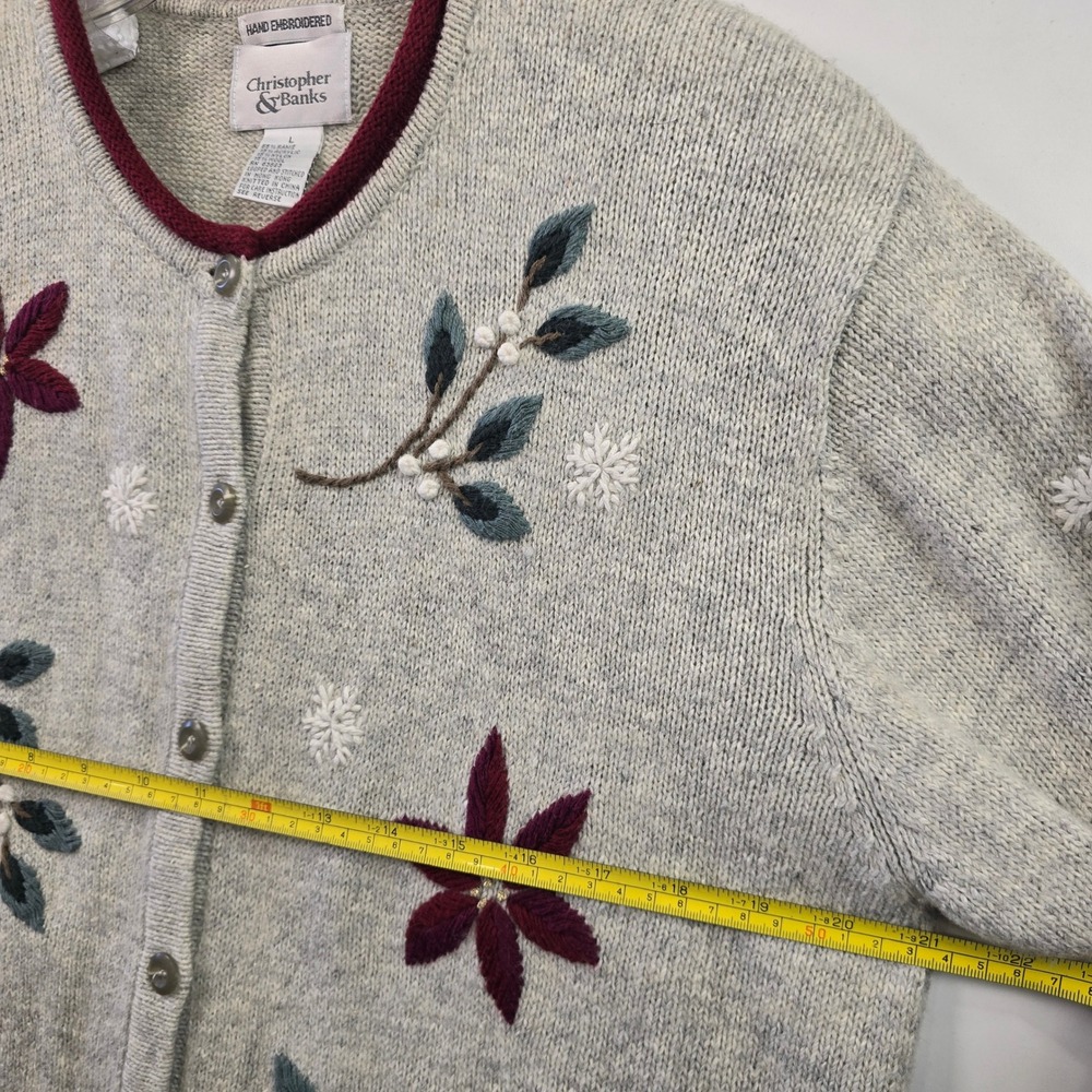 Christopher & Banks Vintage Hand Embroidered Cardigan Sweater L Gray Floral Cozy - Picture 6 of 7